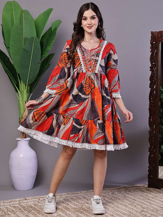 Wome's Multicolor Printed Cotton A-Line Dress with Embroidered Yoke Midi Dresses - XL
