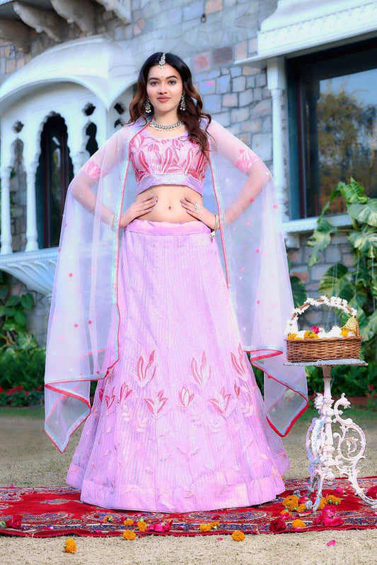 Women's  Tussar Silk Patola Printed Lehenga Set with Dupatta ? Stitched with Can Can Flair - Pink