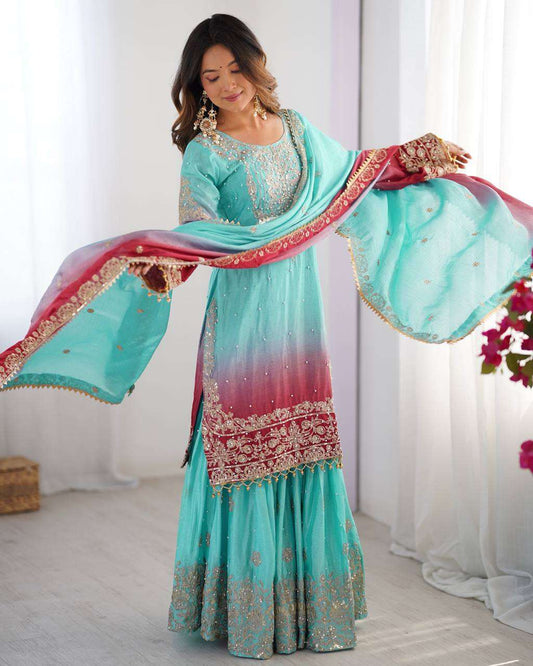 Women's Chinon Silk Sequence With Rivet Moti Work Straight Kurta With Sharara and Dupatta Set - Light Sky Blue, XL