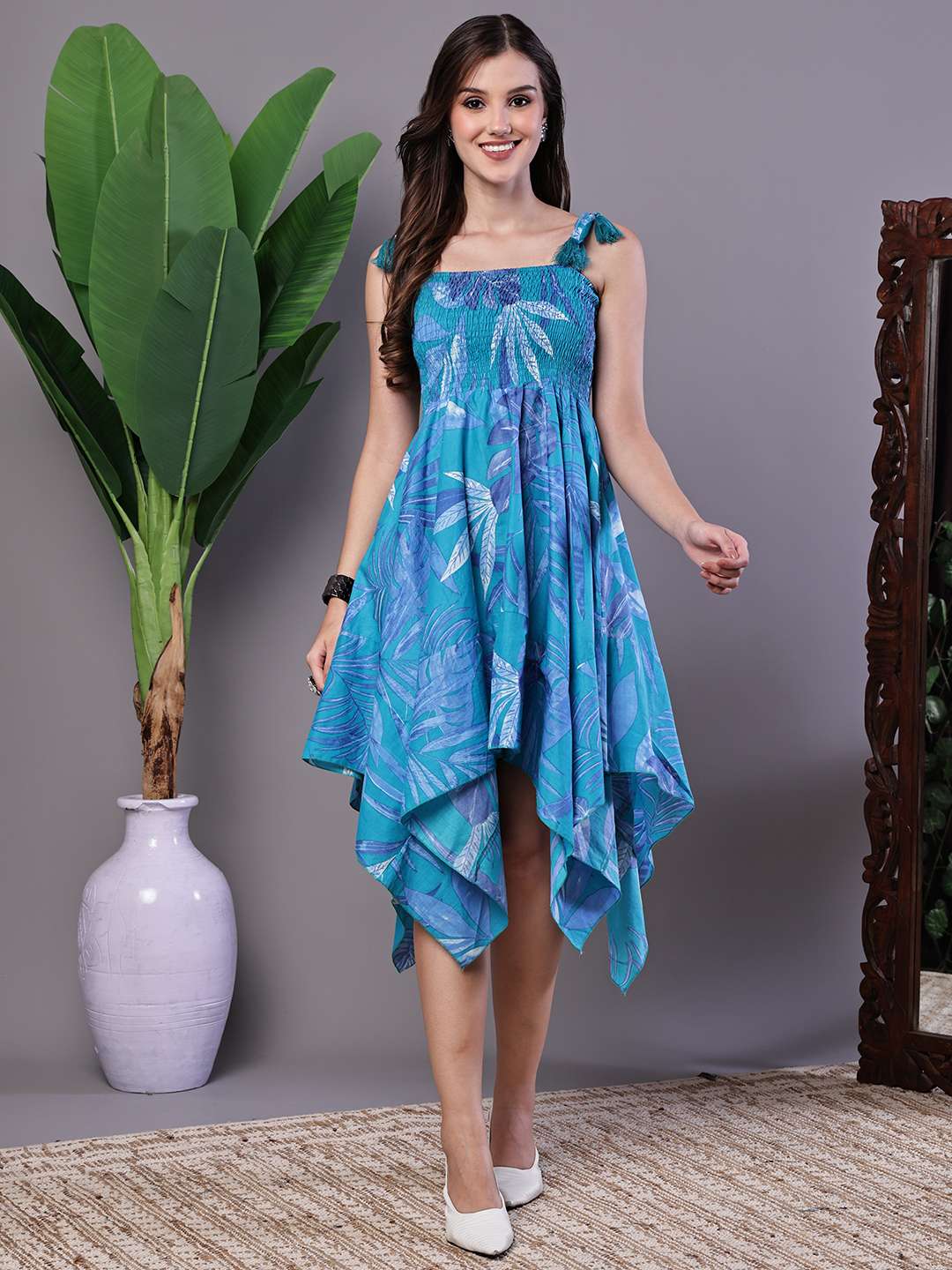 Women's Blue Printed Asymmetrical Hem Smocked A-Line Dress Midi Dresses - XL