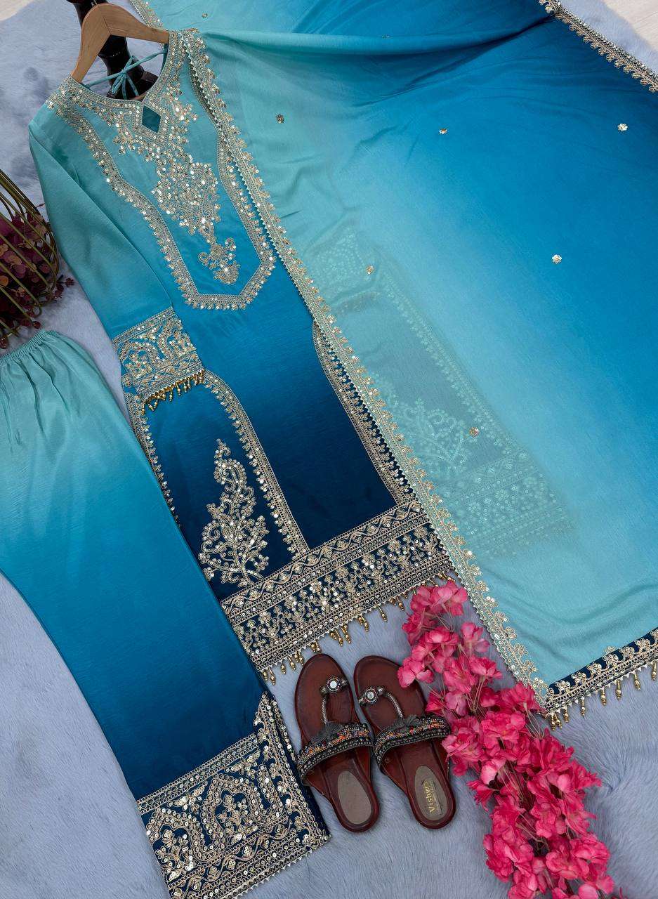 Women's Chinon Silk Embroidery Straight Pakistani Salwar Suit and Dupatta - Aqua Blue, M