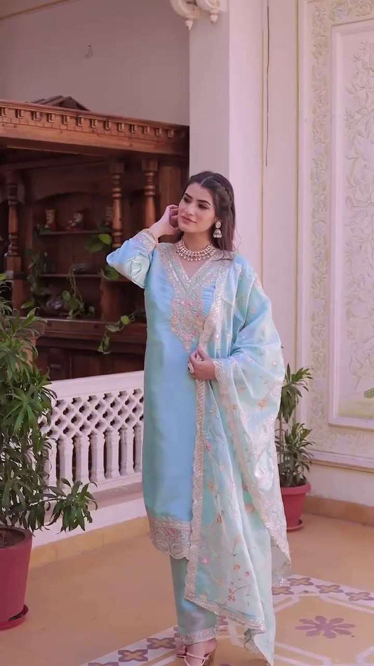 Women's Silk Heavy Embroidery Sequence Work Top-Bottom Straight Kurti With Pant and Dupatta set - Sky Blue, L