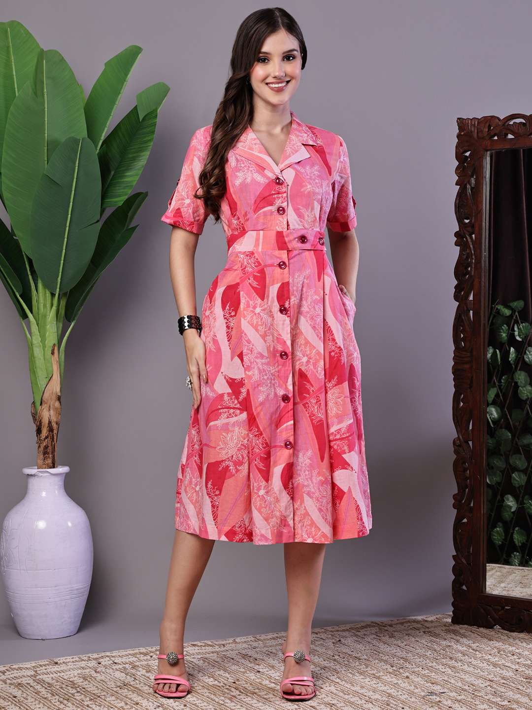 Women's Pink Printed Cotton Midi Shirt Dress - XL