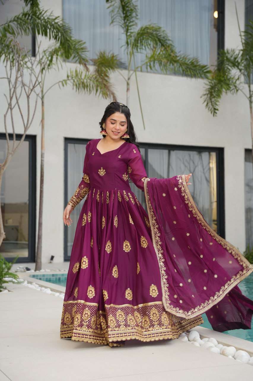 Womenâs Ethnic Anarkali Style Floor-Length Gown in Magenta with Golden Zari Embroidery â Festive & Wedding Wear - Wine Purple, XXL (44)