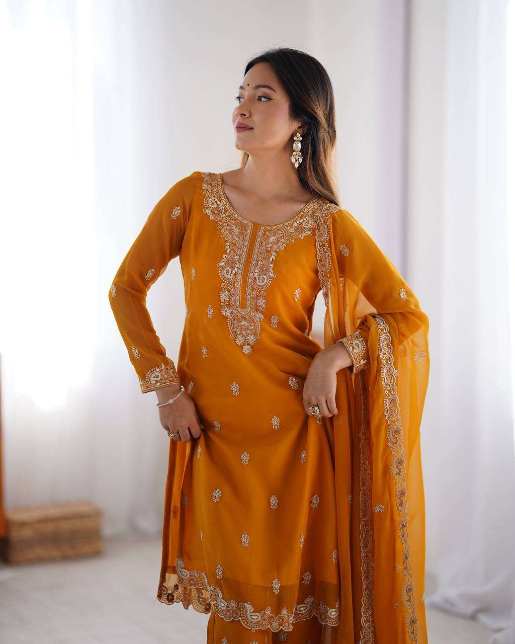 Women's Georgette Embroidery Straight Kurti with Pant And Dupatta Set - Yellow, XL