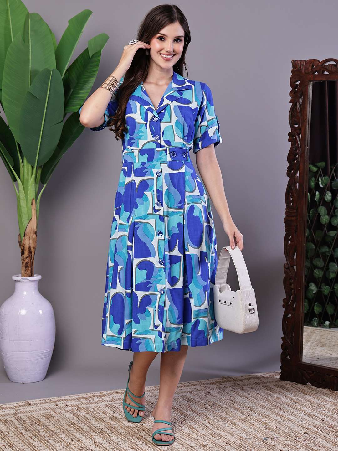 Women's Blue Abstract Print Cotton Shirt Dress - L