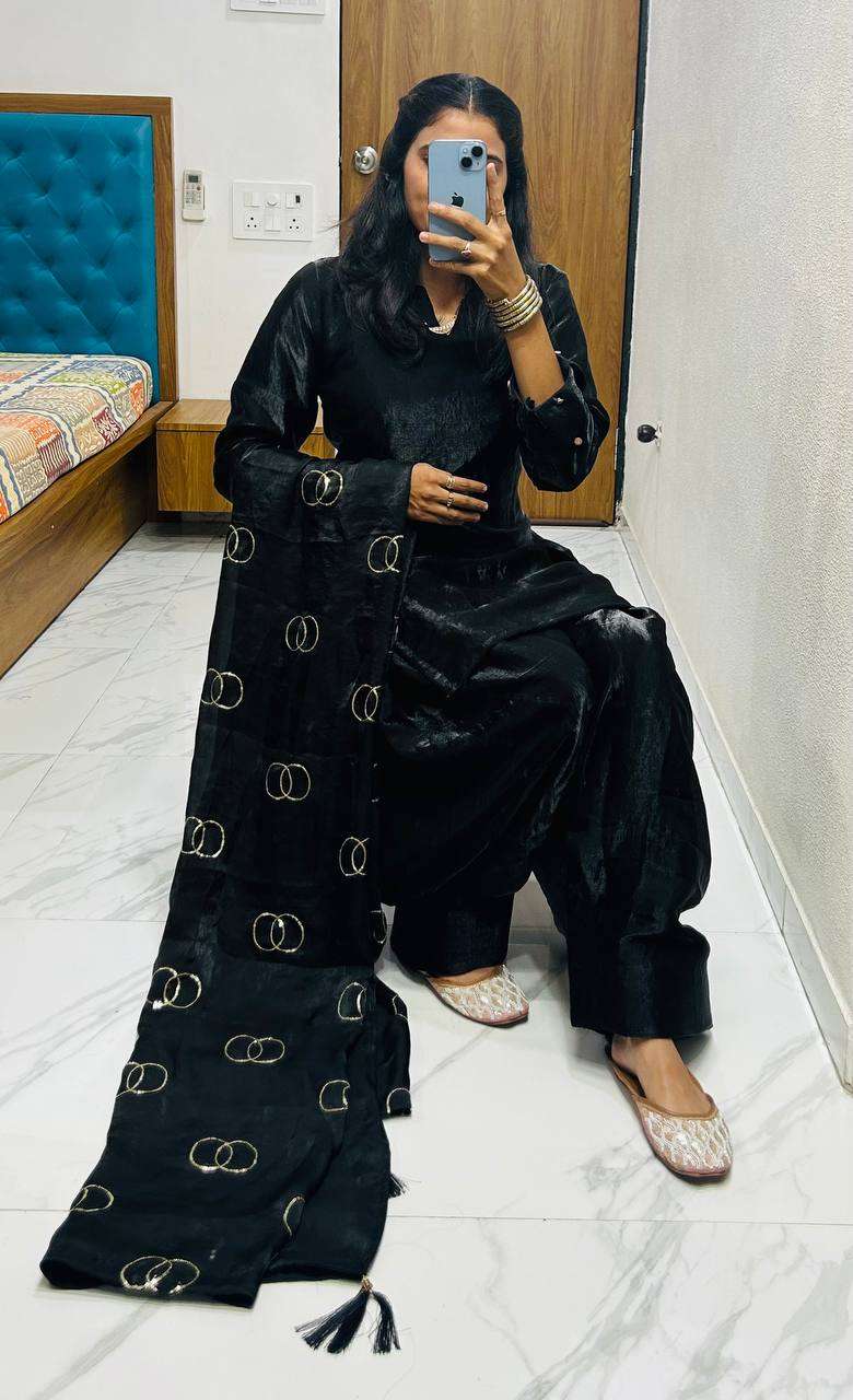 Women's Fendi Silk Solid Muslim Straight Kurti With Pant and Dupatta set - Black, M