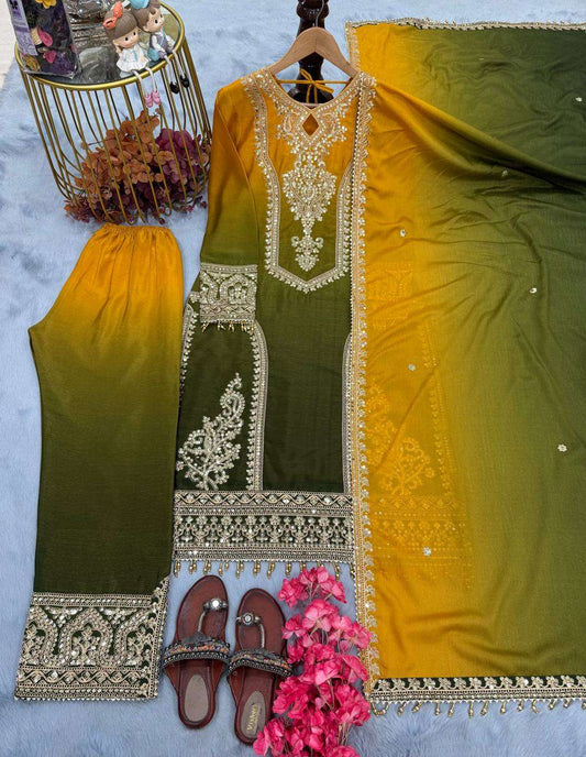 Women's Chinon Silk Embroidery Straight Pakistani Salwar Suit and Dupatta - Green, L