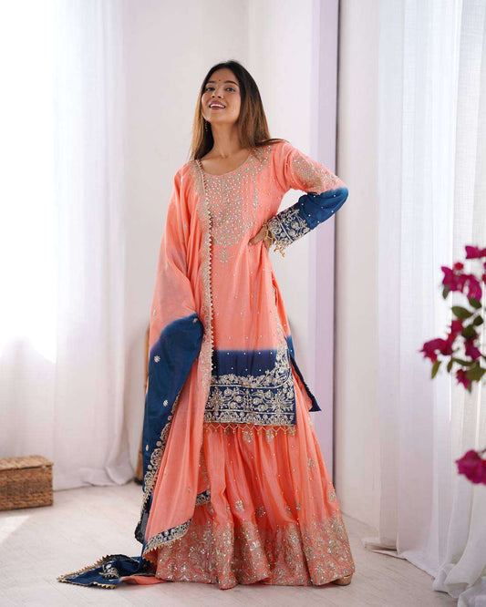 Women's Chinon Silk Sequence With Rivet Moti Work Straight Kurta With Sharara and Dupatta Set - Peach, M