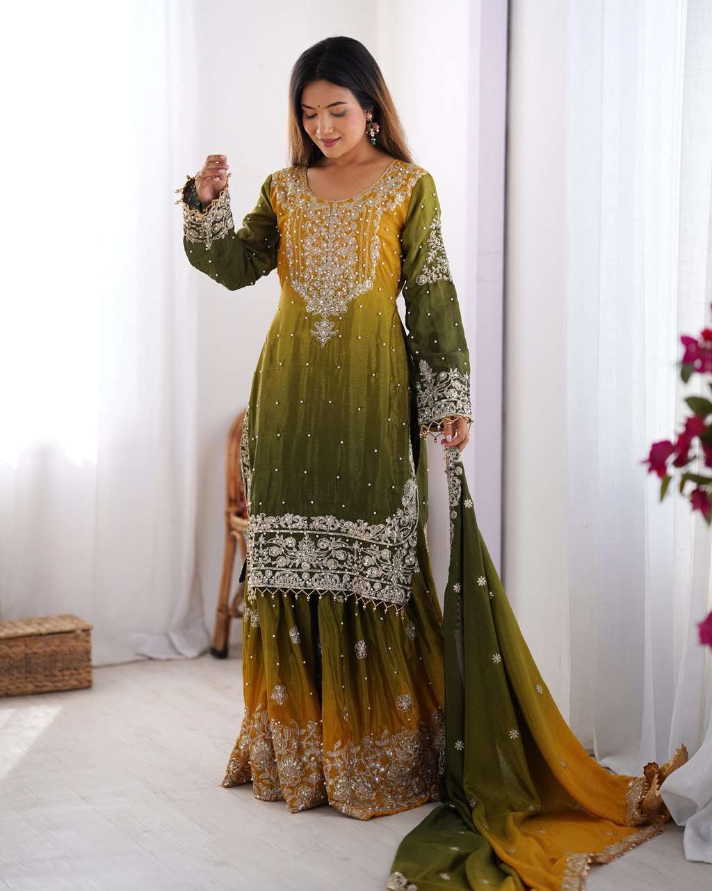 Women's Chinon Silk Sequence With Rivet Moti Work Straight Kurta With Sharara and Dupatta Set - Lamon Green, XL