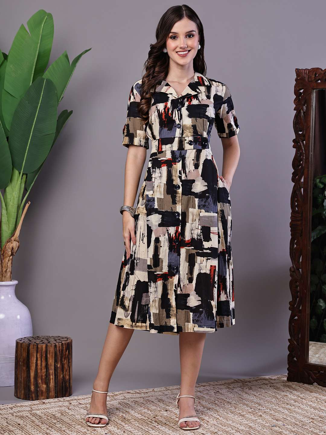 Women's Beige & Black Abstract Print Cotton Shirt Dress Midi Dresses - XL