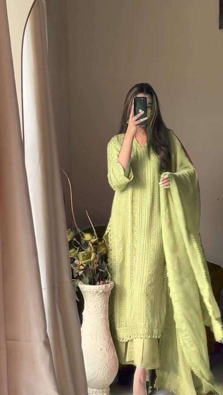 Women's Chinon Silk with Cotton Thread Embroidery Straight Kurti With Pant and Dupatta set - Pista Green, M