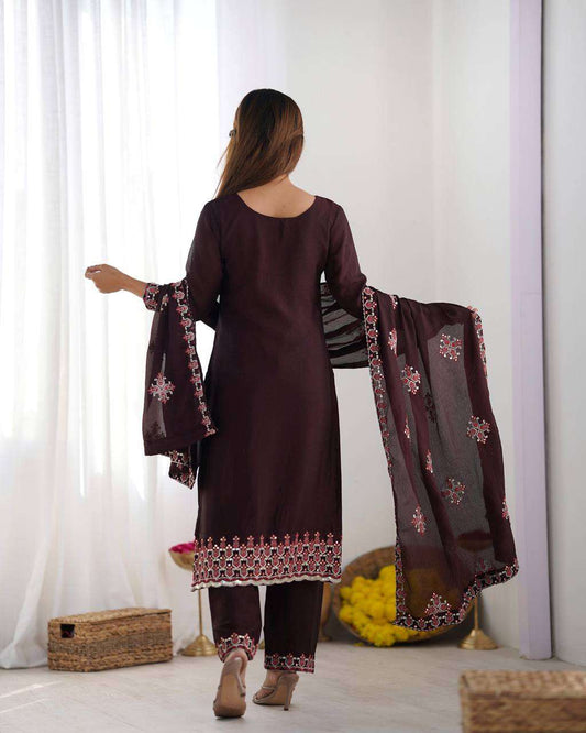 Women's Chinnon Silk Embroidery Sequence Work and Lace Work Straight Kurti With Pant and Dupatta - Maroon, XXL