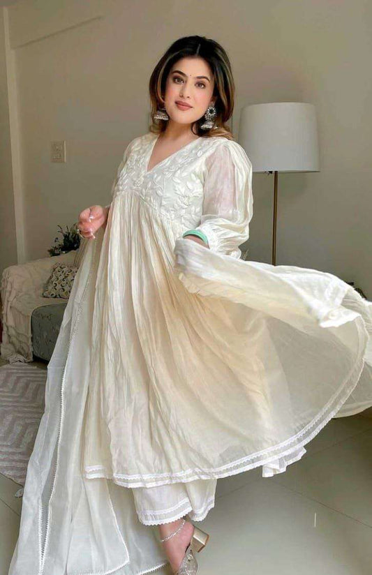 Women's Chanderi Silk Embroidered Anarkali Kurti With Pant and Dupatta - white, L