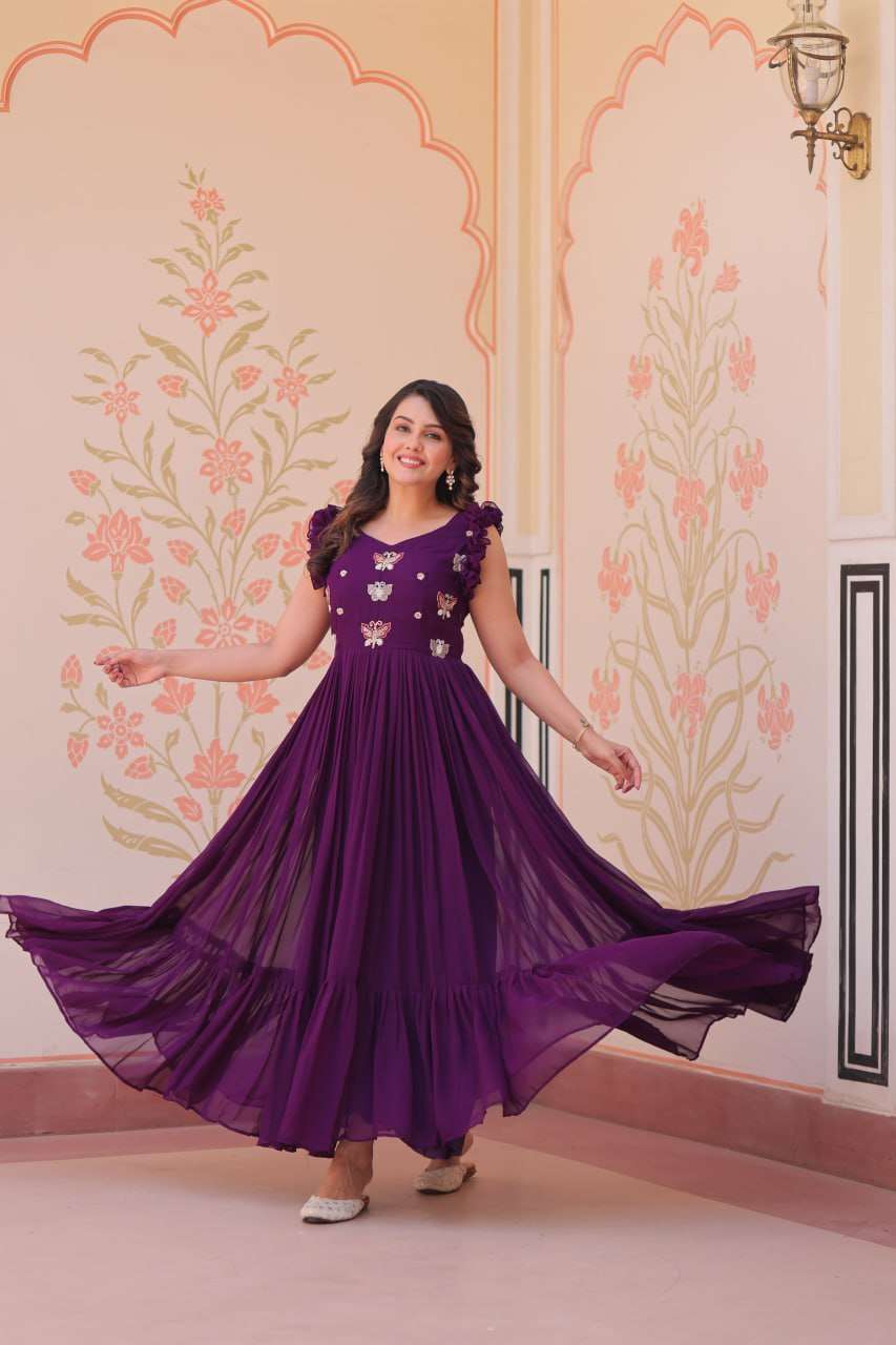 Women's Elegant Plum Purple Georgette Anarkali Gown with Butterfly Applique & Ruffle Sleeves â Festive & Special Occasion Wear - Purple, M (38)