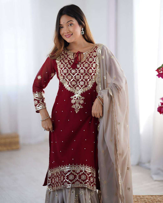 Women's Faux Georgette Sequins Embroidered Straight Kurta With Sharara Suit and Dupatta Set - Maroon, XXL
