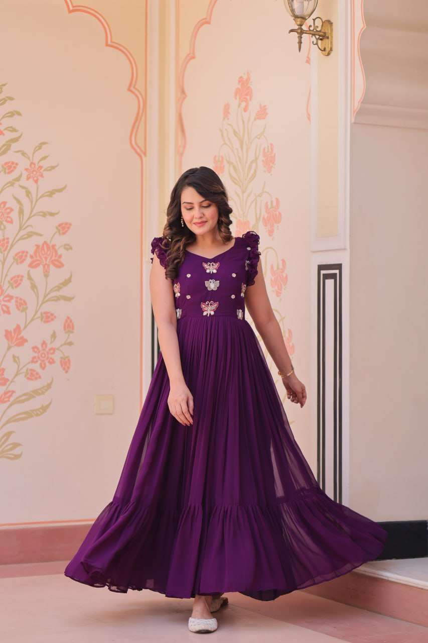 Women's Elegant Plum Purple Georgette Anarkali Gown with Butterfly Applique & Ruffle Sleeves â Festive & Special Occasion Wear - Purple, L (40)