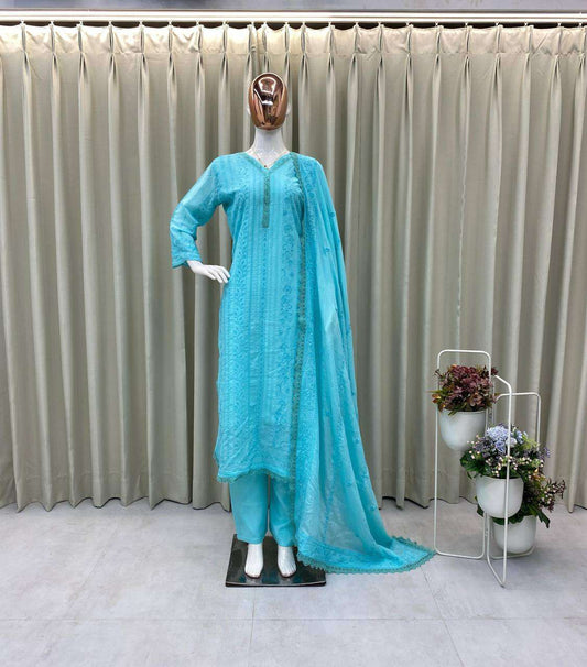 Women's Chinon Silk with Cotton Thread Embroidery Straight Kurti With Pant and Dupatta set - Sky Blue, XXL
