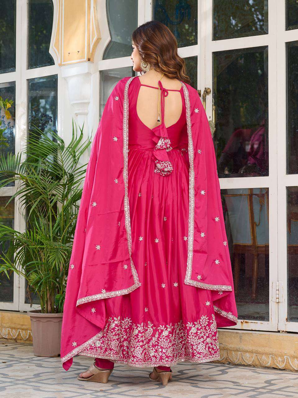 Women's American Silk Sequence Embroidery Long Anarkali Kurti Gown With Dupatta - Pink, XXL