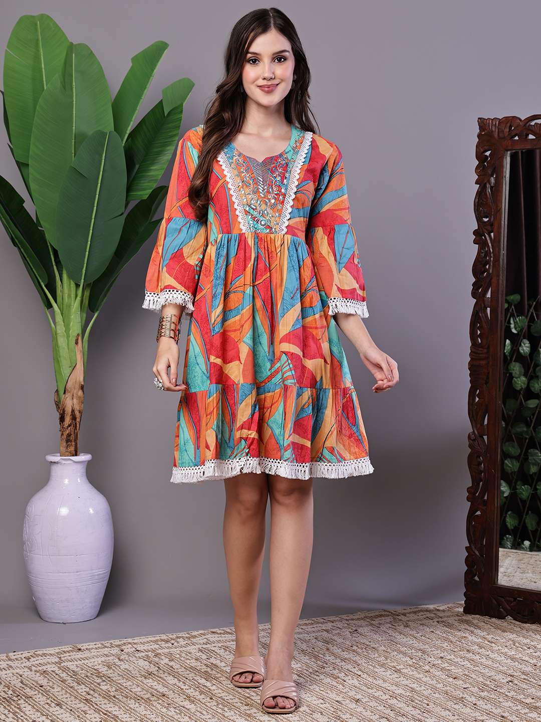 Wome's Vibrant Print Cotton Tunic Dress with Crochet Lace & Three-Quarter Sleeves Midi Dresses - XL