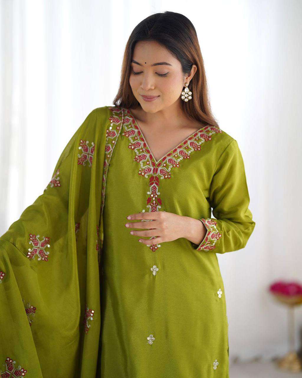 Women's Chinnon Silk Embroidery Sequence Work and Lace Work Straight Kurti With Pant and Dupatta - Lime Green, M