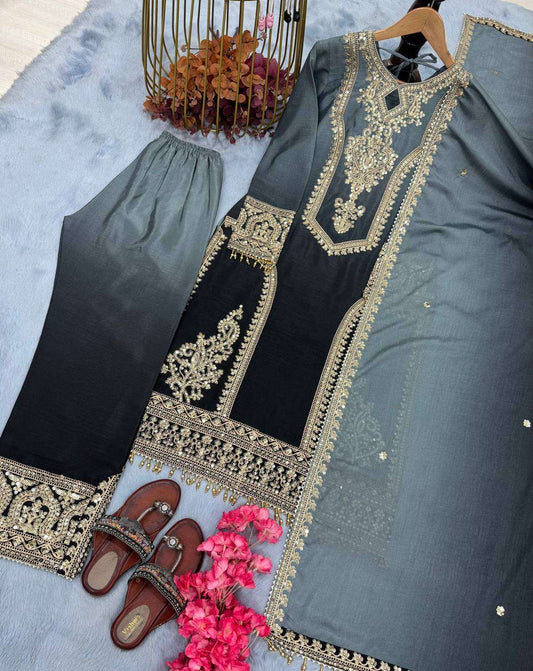 Women's Chinon Silk Embroidery Straight Pakistani Salwar Suit and Dupatta - Black, L