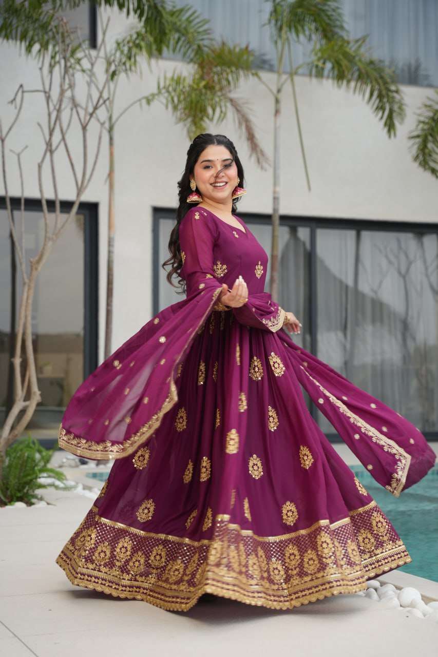 Womenâs Ethnic Anarkali Style Floor-Length Gown in Magenta with Golden Zari Embroidery â Festive & Wedding Wear - Wine Purple, M (38)