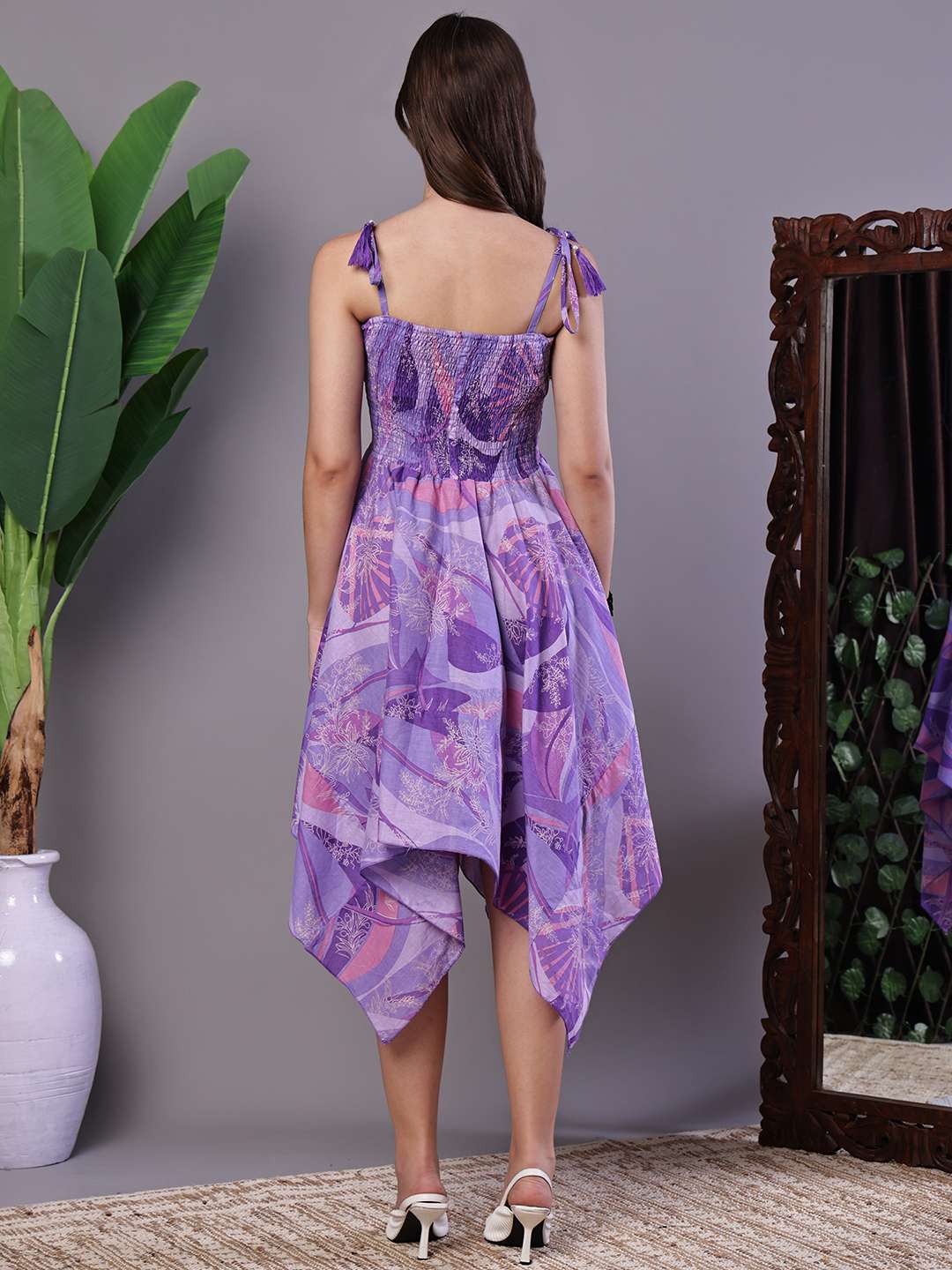 Women's Purple Printed Cotton Handkerchief Hem Midi Dress - XXL