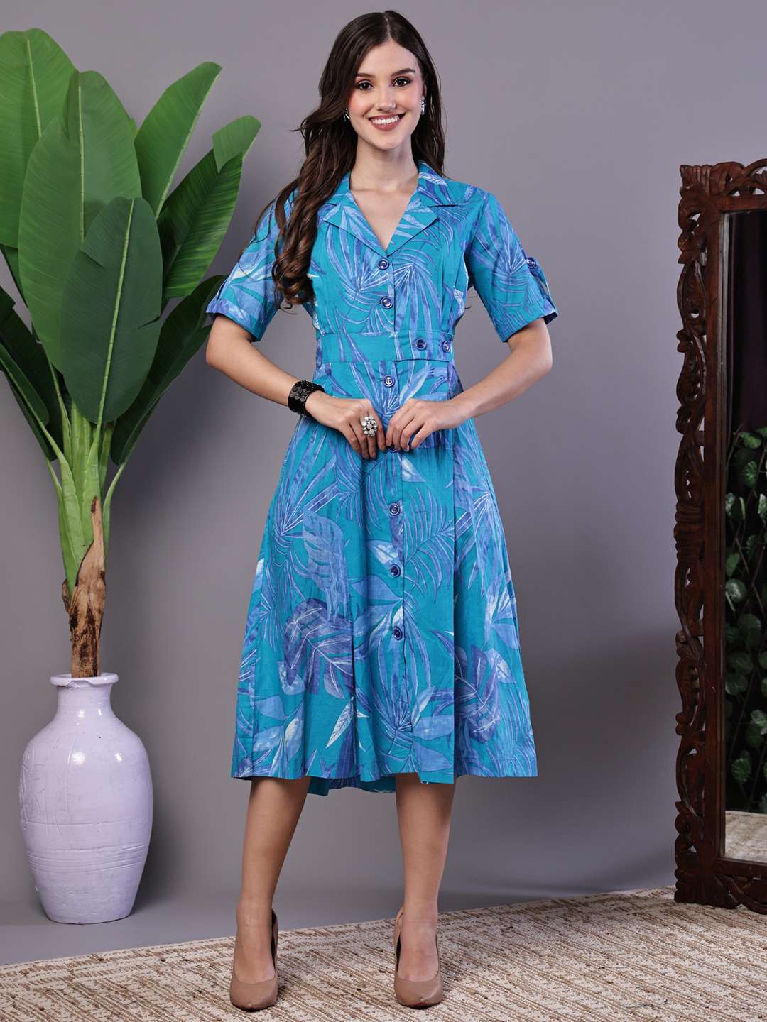 Women's Blue Floral Cotton Pleated Midi Dress with Collar - M