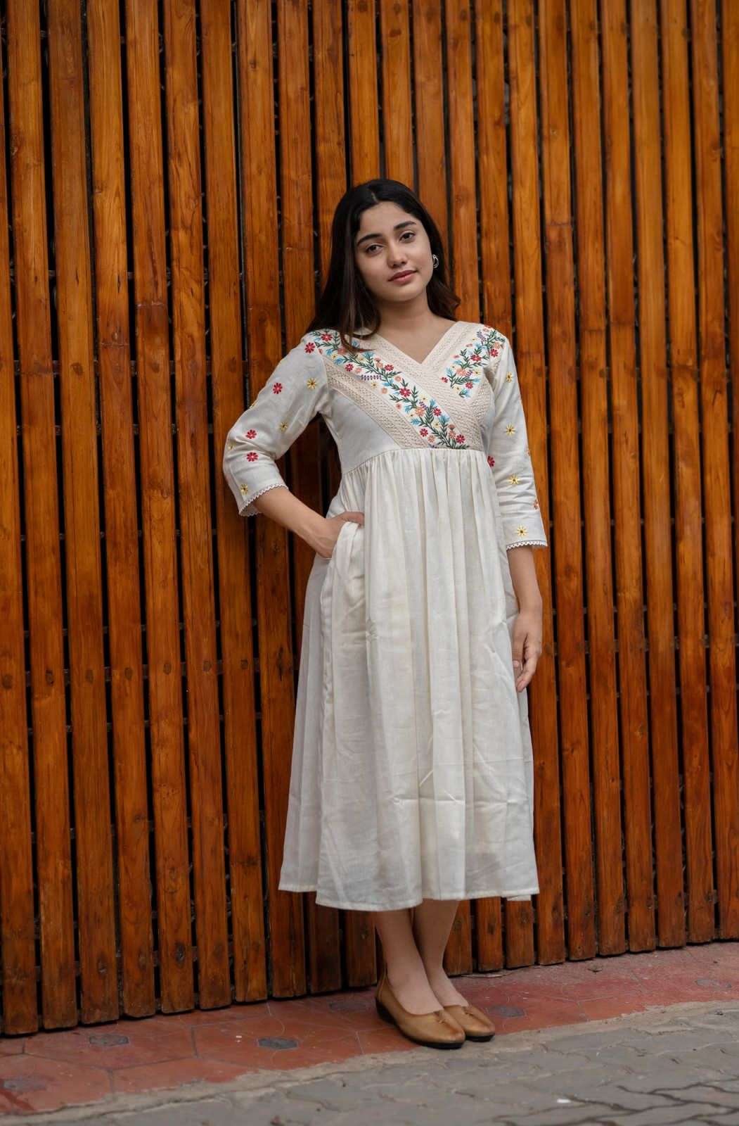 Women's Cotton Embroidered Short Anarkali Gown (Off White) - L