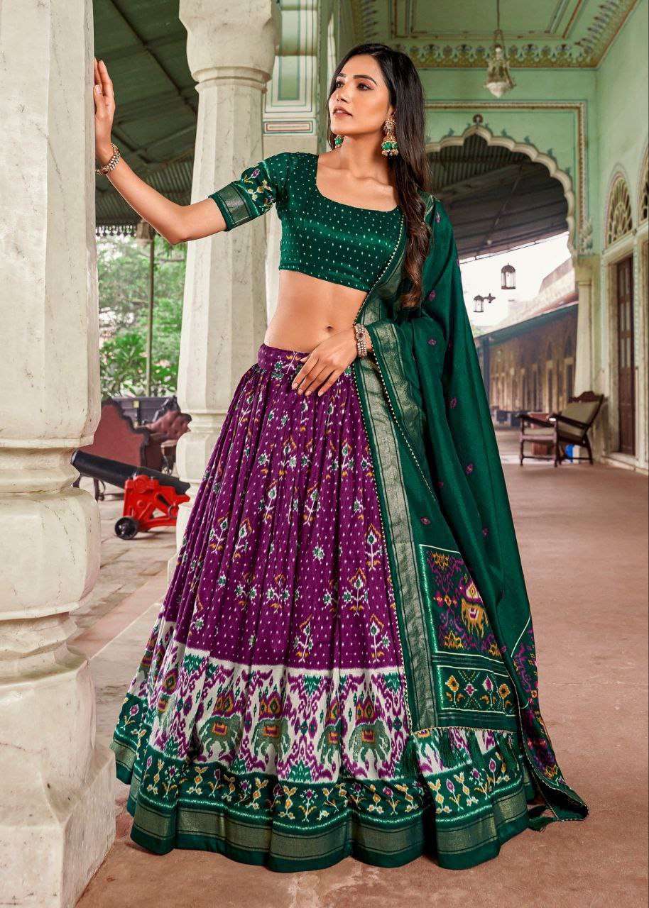 Women's Traditional Patola Print Tussar Silk Lehenga Choli with Festive Dupatta - Purple