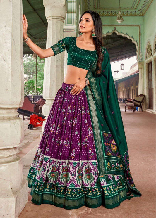 Women's Traditional Patola Print Tussar Silk Lehenga Choli with Festive Dupatta - Purple