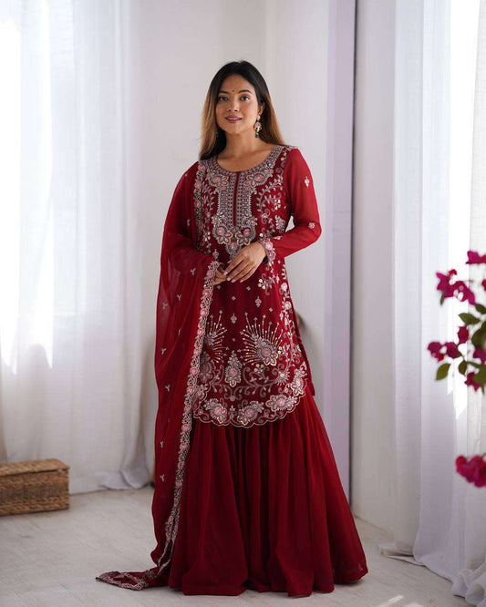 Women's Faux Georgette Sequins & Thread Work Straight Kurta With Sharara Suit and Dupatta Set - Red, L