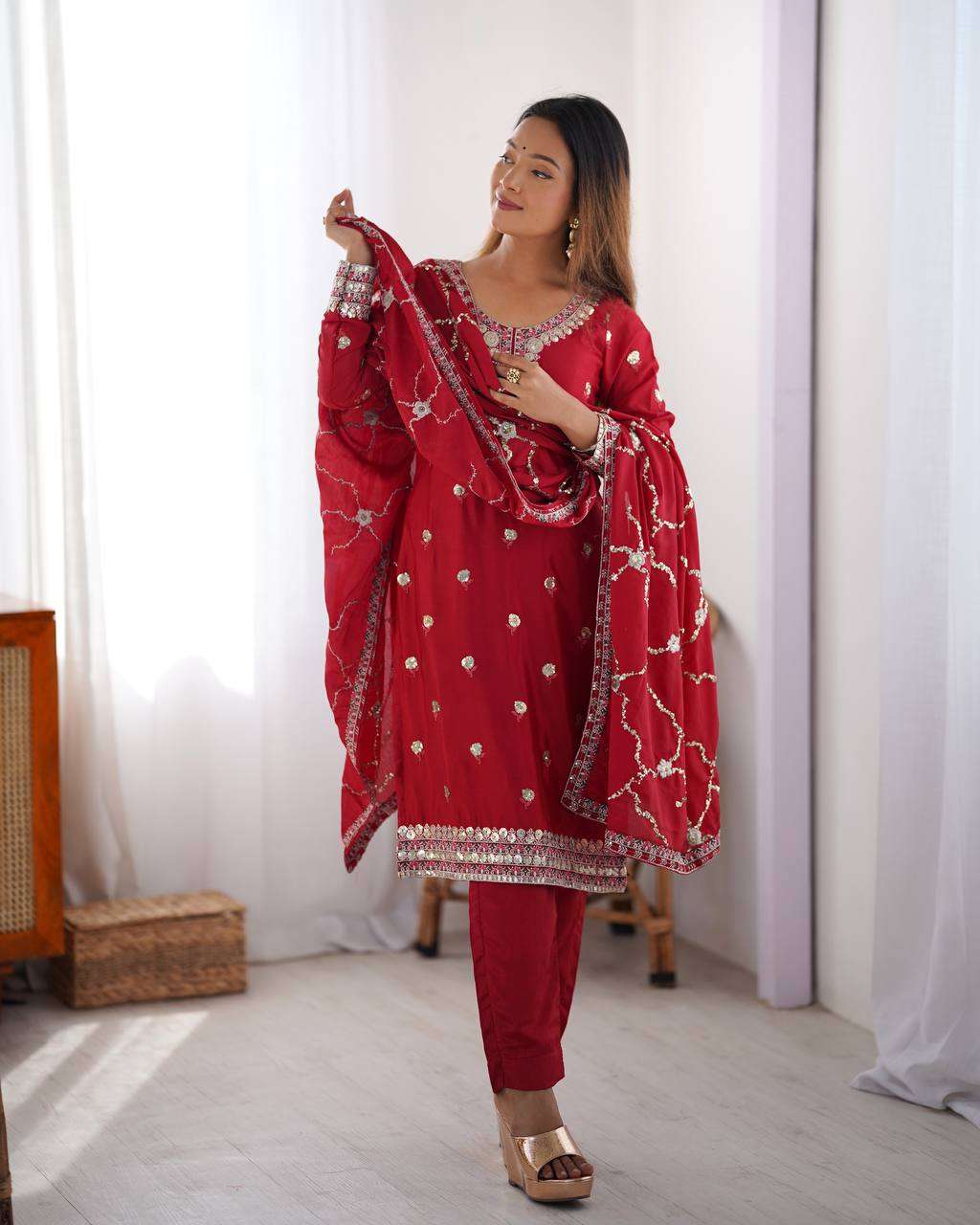 Women's Chinon Silk Embroidered Straight Kurti with Pant And Dupatta Set - Red, XXL