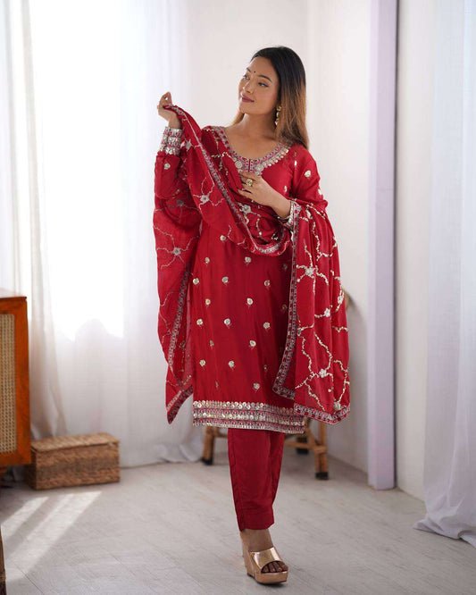 Women's Chinon Silk Embroidered Straight Kurti with Pant And Dupatta Set - Red, M