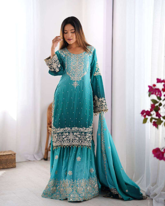 Women's Chinon Silk Sequence With Rivet Moti Work Straight Kurta With Sharara and Dupatta Set - Sky Blue, XXL