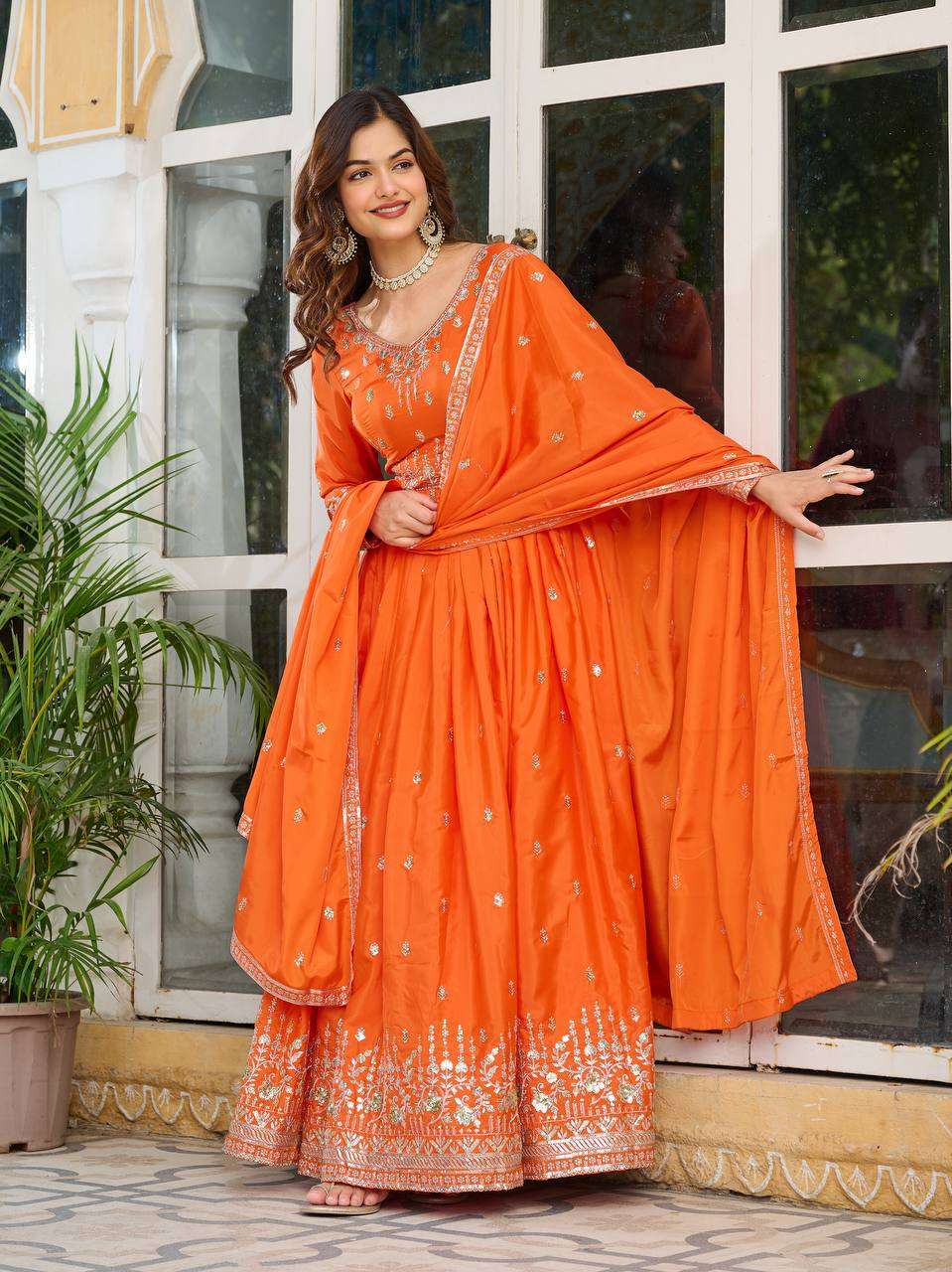 Women's American Silk Sequence Embroidery Long Anarkali Kurti (Gown) With Dupatta - Orange, XXL