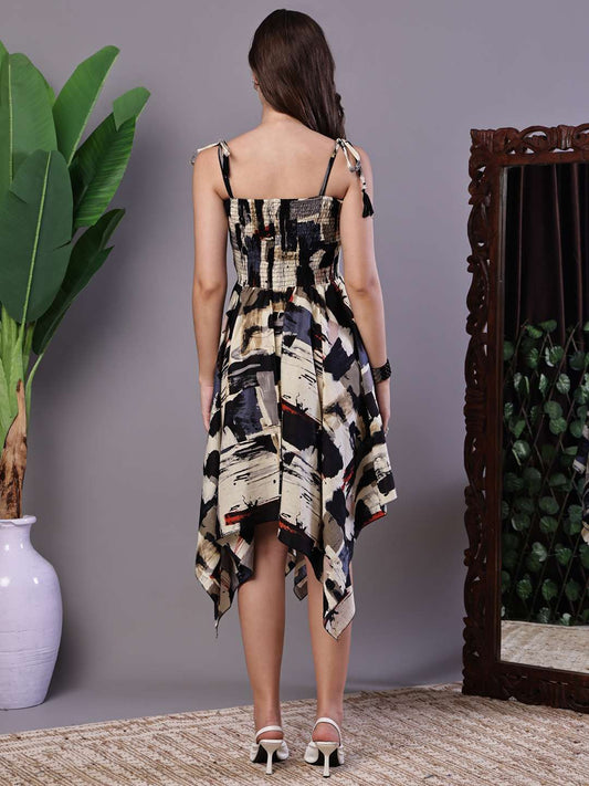 Women's Abstract Print Smocked Asymmetrical Hem Dress Midi Dresses - L