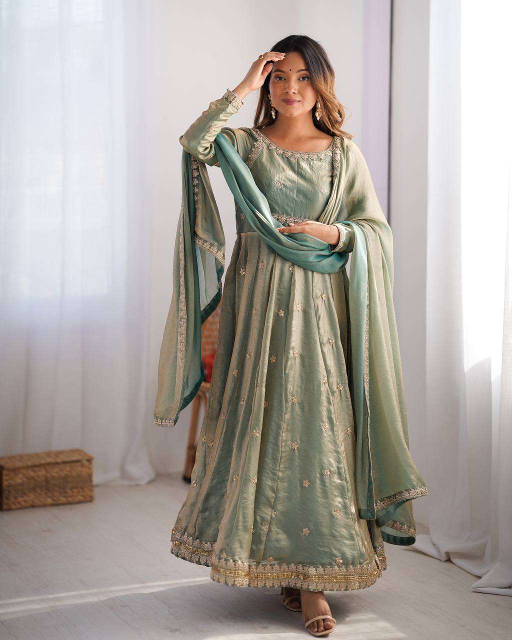 Women's Fandy Silk Coding with Sequnce work Long Anarkali Kurti Gown With Dupatta - Green, L