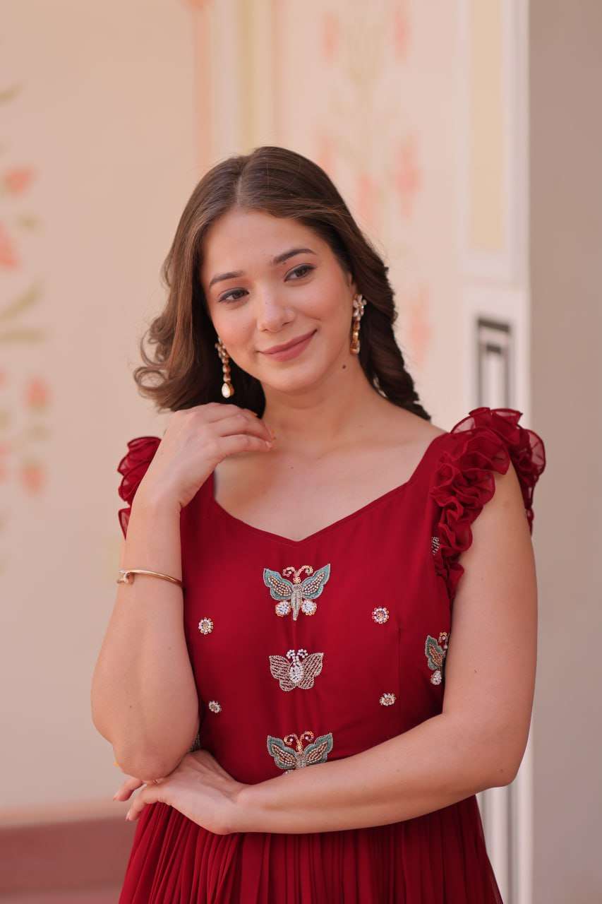 Women's Elegant Plum Purple Georgette Anarkali Gown with Butterfly Applique & Ruffle Sleeves â Festive & Special Occasion Wear - Maroon, XL (42)