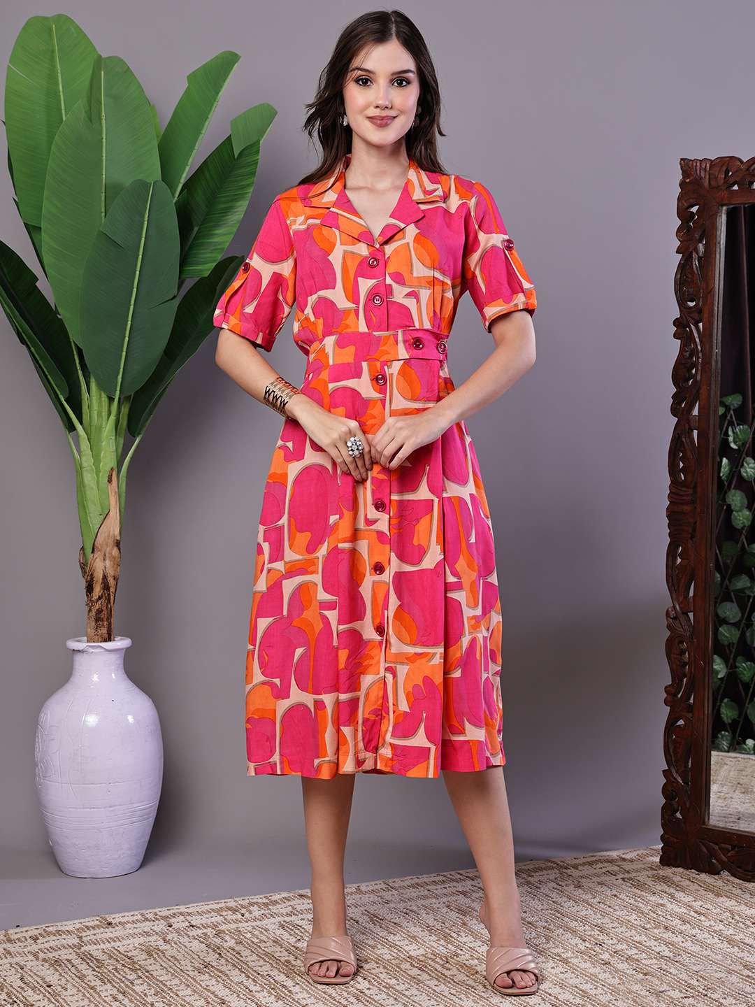 Women's Pink & Orange Abstract Print Cotton Shirt Dress - XL