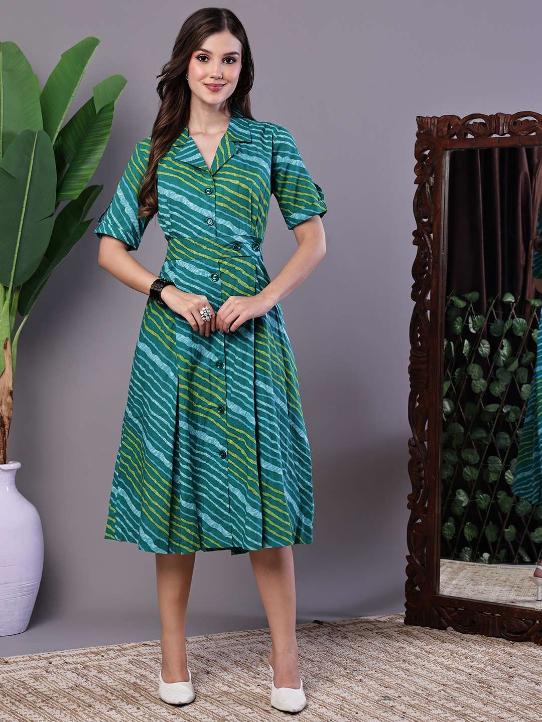 Women's eal Green Striped Cotton Midi Shirt Dress - L