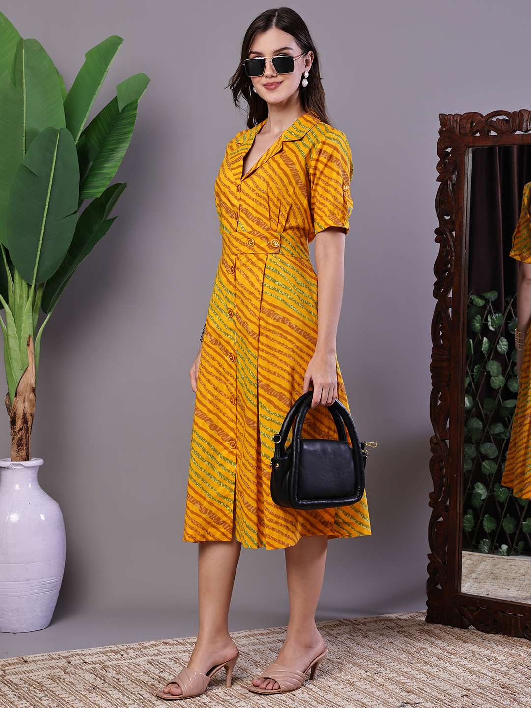 Women's Yellow Printed Cotton Shirt Dress - XL