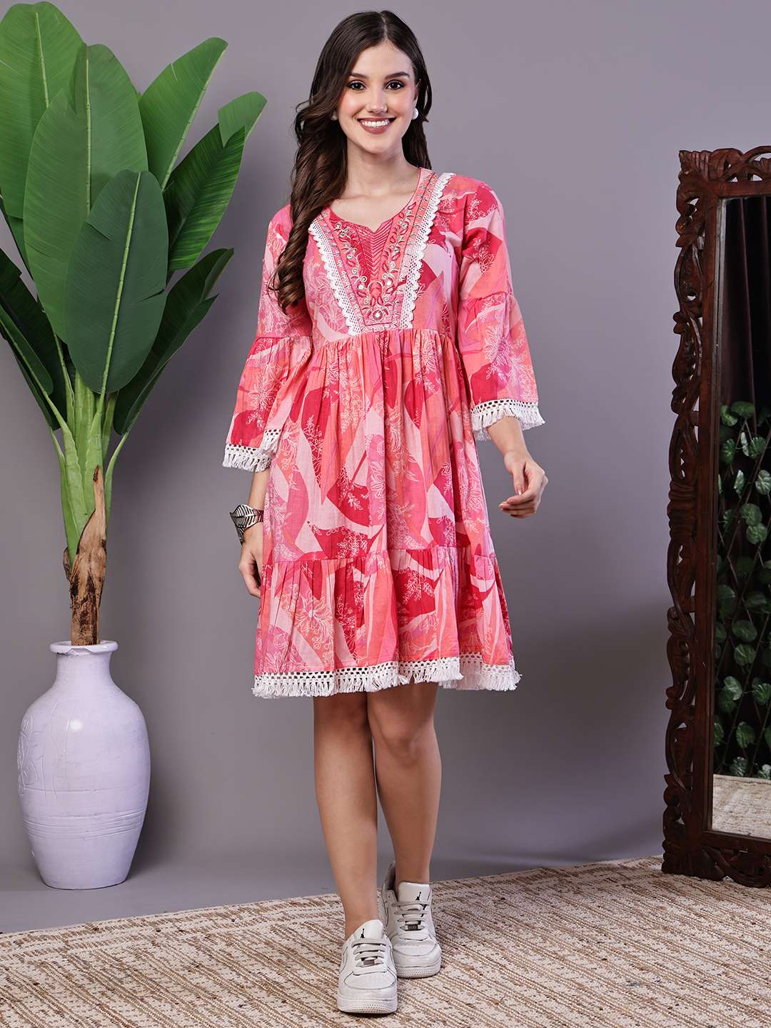Wome's Pink Floral Printed Cotton A-Line Dress with Embroidered Yoke Midi Dresses - XL