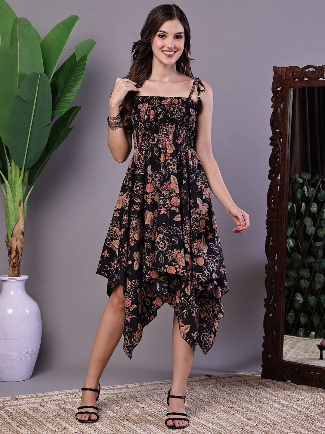 Women's Black Floral Printed Cotton Handkerchief Hem Dress Midi Dresses - L