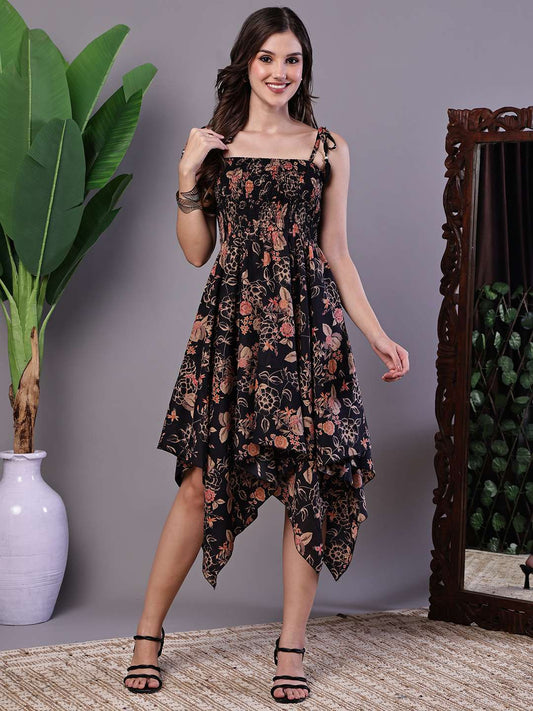Women's Black Floral Printed Cotton Handkerchief Hem Dress Midi Dresses - L