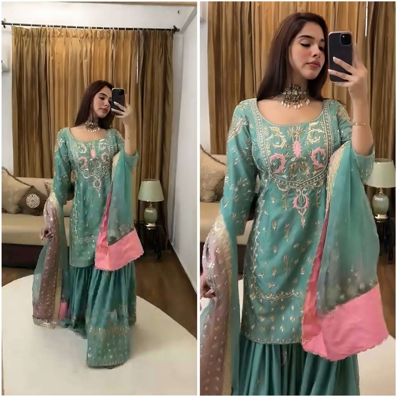 Women's Chinon Silk Heavy Embroidery Straight Kurta With Sharara and Dupatta set - Green, M