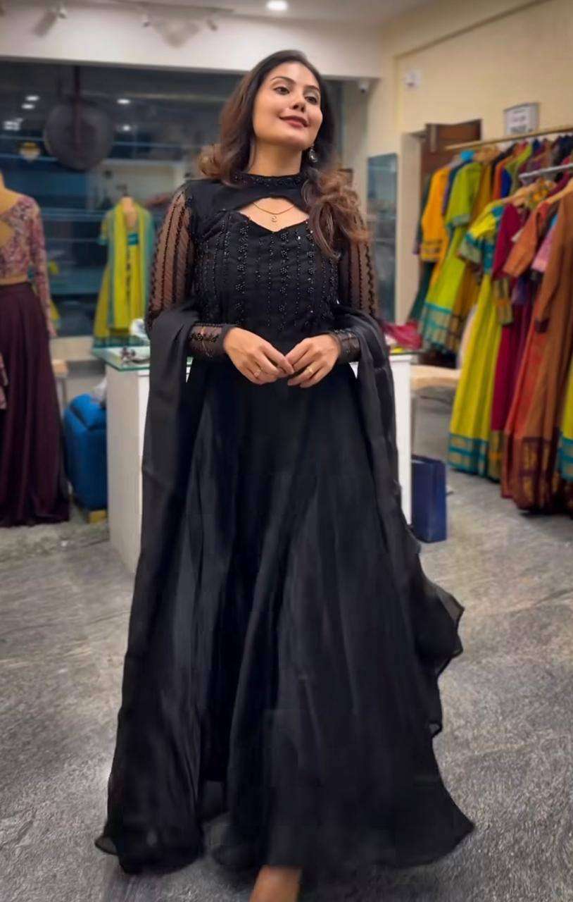 Women's Silk Heavy Embroidery Sequence Work Long Anarkali Kurti With Pant and Dupatta Set - Black, XXL