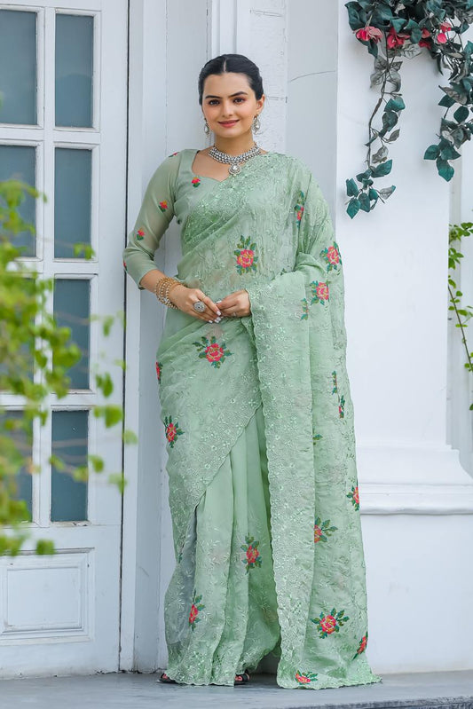Women's Elegant Sage Green Georgette Saree with Delicate Floral Embroidery & Sequin Work â Perfect for Summer Festivities & Day Events - Light Green/Mint Green