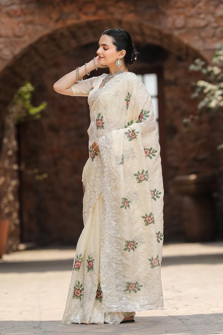 Women's Elegant Sage Green Georgette Saree with Delicate Floral Embroidery & Sequin Work â Perfect for Summer Festivities & Day Events - Cream/Off-White